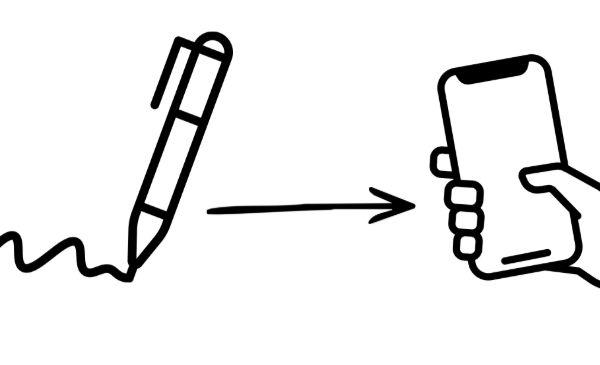 A simple line drawing graphic of a pen to the left of an arrow pointing at a hand holding a smartphone.