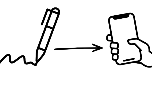 A simple line drawing graphic of a pen to the left of an arrow pointing at a hand holding a smartphone.